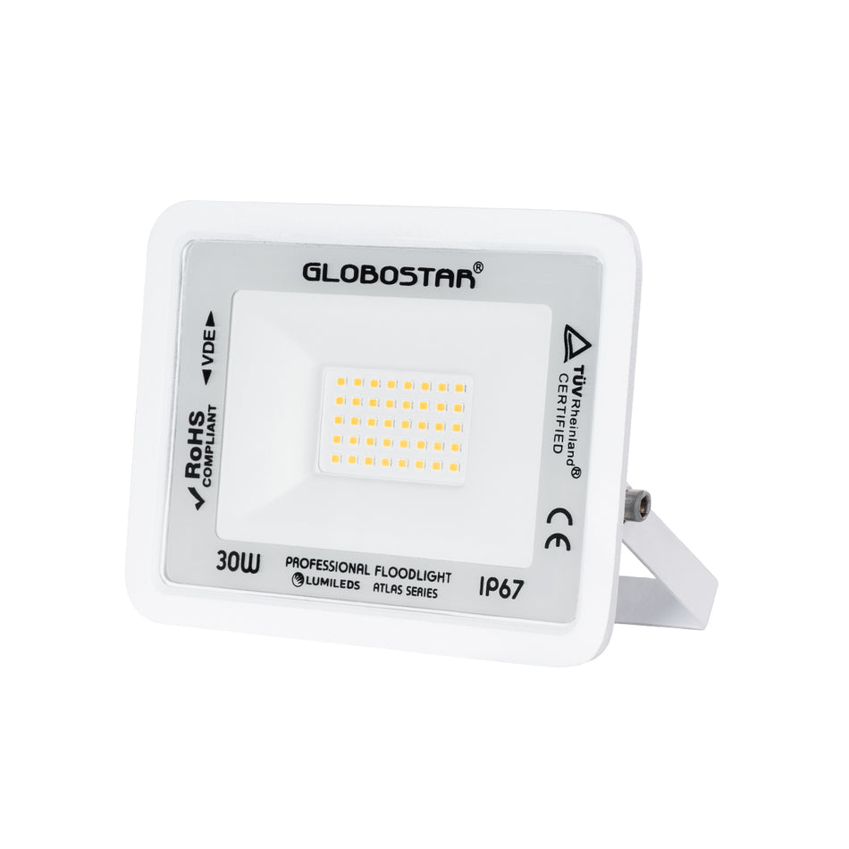 GLOBOSTAR® ATLAS 61415 Προβολέας LED 30W 3450lm 120° AC 220-240V Αδιάβροχο IP67 Θερμό Λευκό 2700K - Lumileds SMD Chip - TÜV Rheinland Certified - Λευκό Ματ - Μ16 x Π2.5 x Υ12.5cm - 5 Χρόνια Εγγύηση
