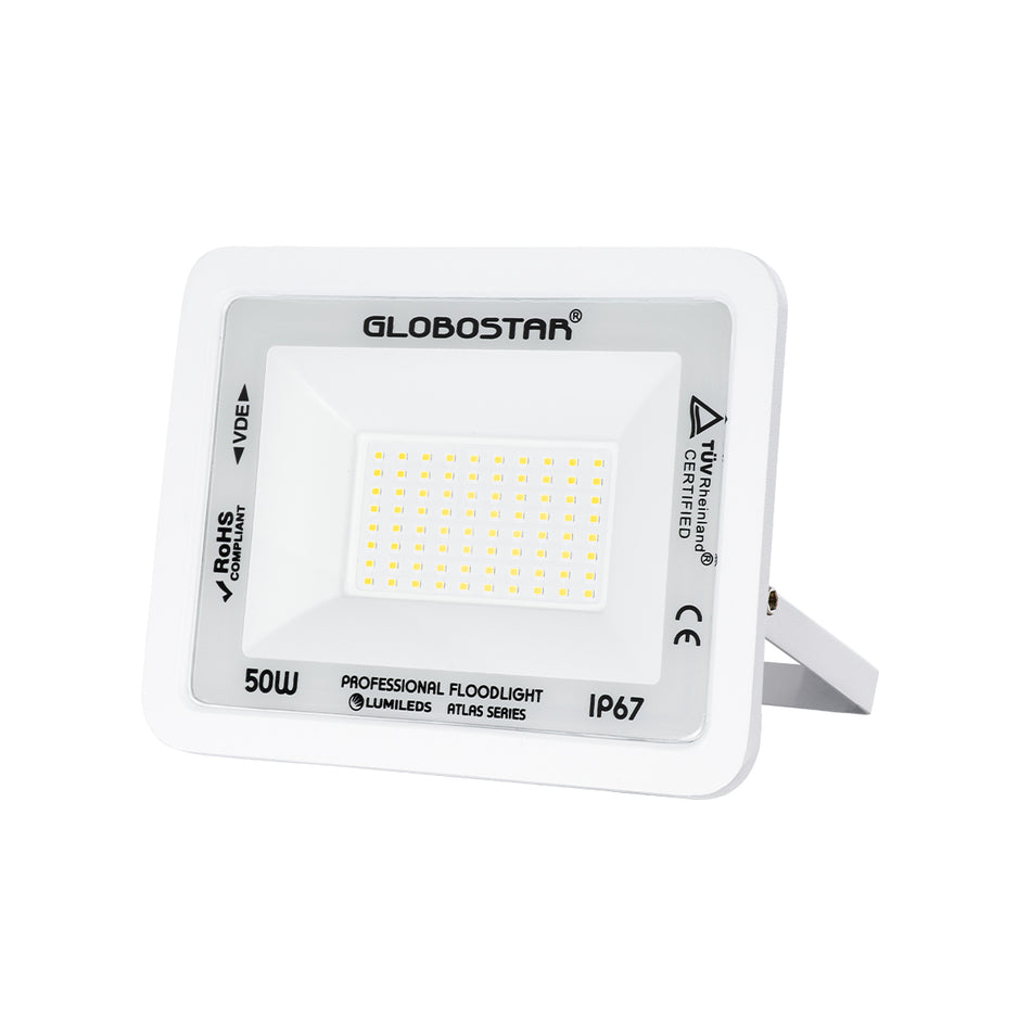 GLOBOSTAR® ATLAS 61420 Προβολέας LED 50W 6000lm 120° AC 220-240V Αδιάβροχο IP67 Φυσικό Λευκό 4500K - Lumileds SMD Chip - TÜV Rheinland Certified - Λευκό Ματ - Μ21 x Π3.5 x Υ16cm - 5 Χρόνια Εγγύηση