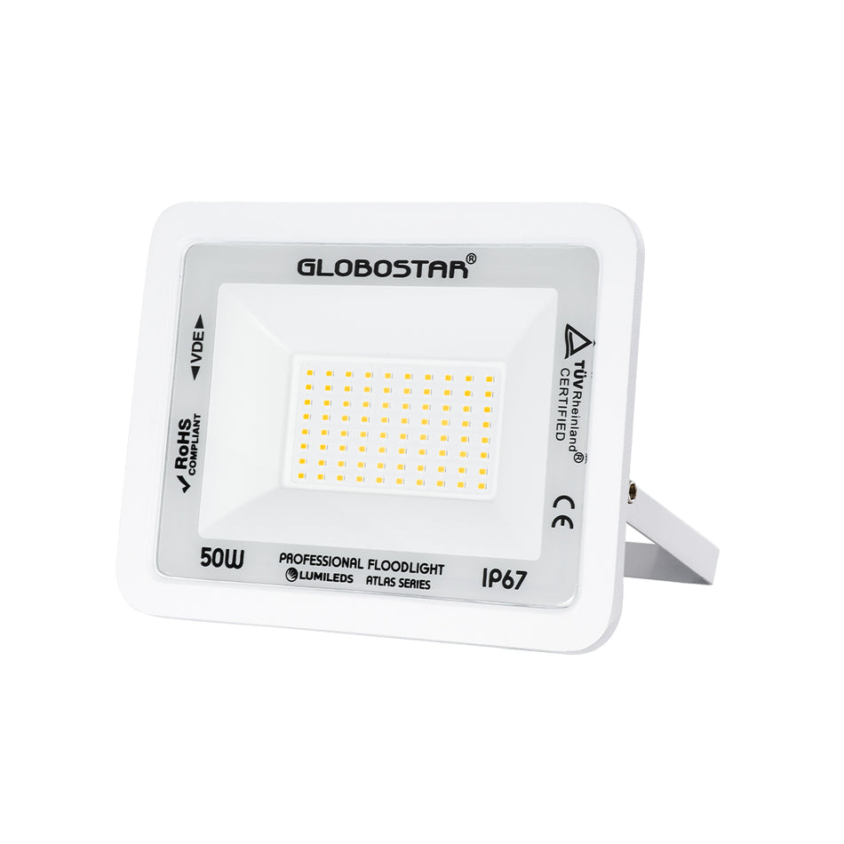 GLOBOSTAR® ATLAS 61421 Προβολέας LED 50W 5750lm 120° AC 220-240V Αδιάβροχο IP67 Θερμό Λευκό 2700K - Lumileds SMD Chip - TÜV Rheinland Certified - Λευκό Ματ - Μ21 x Π3.5 x Υ16cm - 5 Χρόνια Εγγύηση