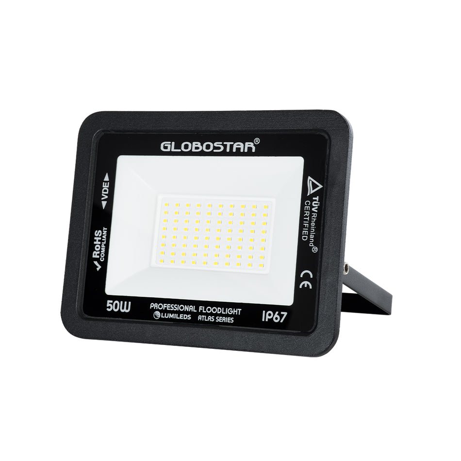 GLOBOSTAR® ATLAS 61423 Προβολέας LED 50W 6000lm 120° AC 220-240V Αδιάβροχο IP67 Φυσικό Λευκό 4500K - Lumileds SMD Chip - TÜV Rheinland Certified - Μαύρο Ματ - Μ21 x Π3.5 x Υ16cm - 5 Χρόνια Εγγύηση