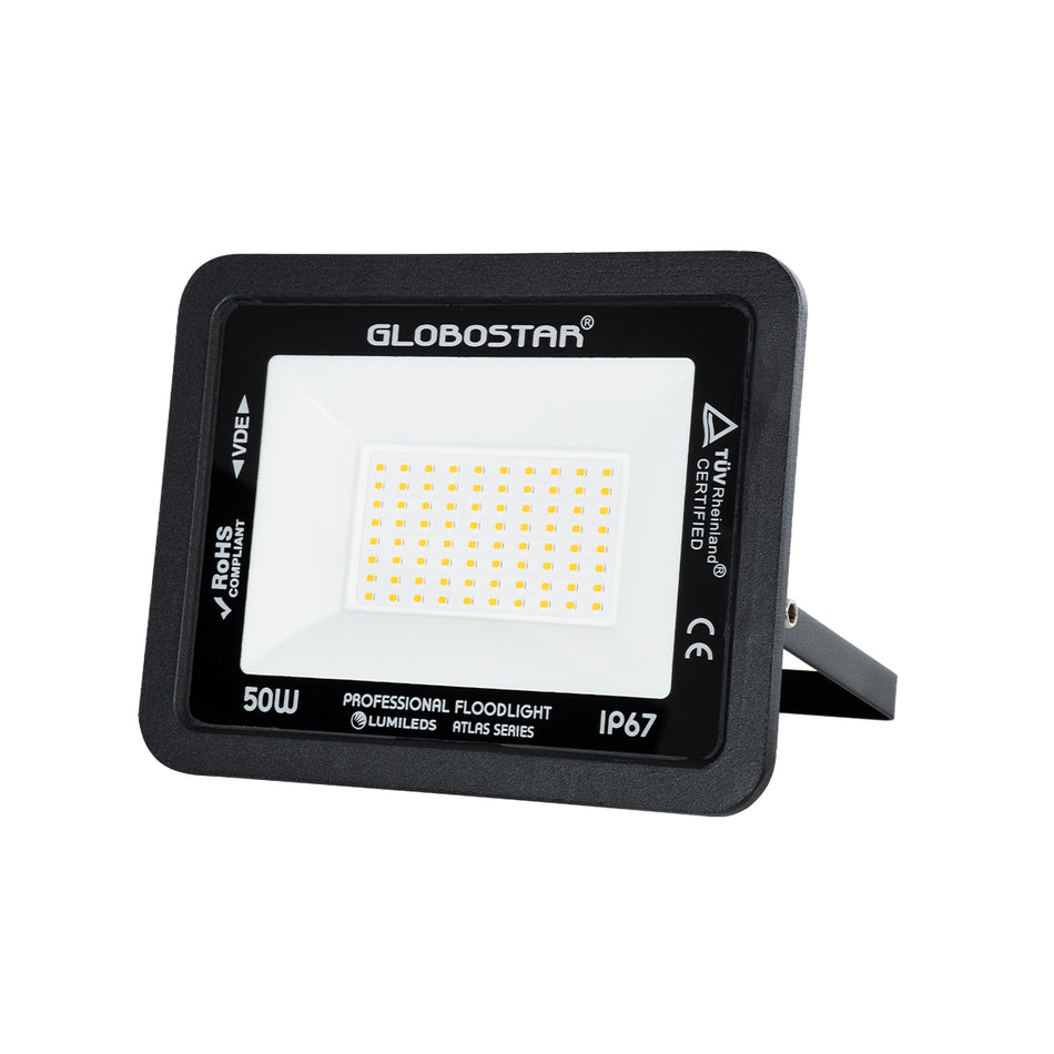 GLOBOSTAR® ATLAS 61424 Προβολέας LED 50W 5750lm 120° AC 220-240V Αδιάβροχο IP67 Θερμό Λευκό 2700K - Lumileds SMD Chip - TÜV Rheinland Certified - Μαύρο Ματ - Μ21 x Π3.5 x Υ16cm - 5 Χρόνια Εγγύηση