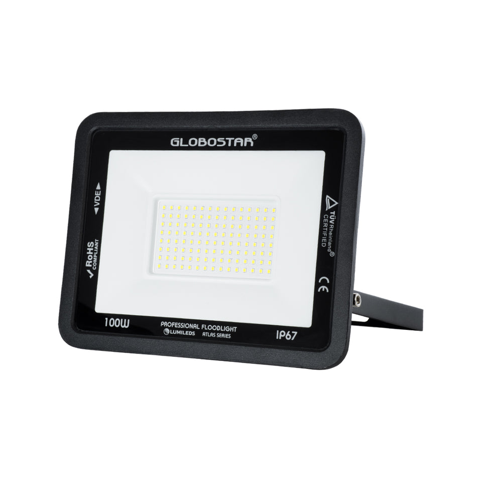 GLOBOSTAR® ATLAS 61425 Προβολέας LED 100W 12500lm 120° AC 220-240V Αδιάβροχο IP67 Ψυχρό Λευκό 6000K - Lumileds SMD Chip - TÜV Rheinland Certified - Μαύρο Ματ - Μ27 x Π4 x Υ21cm - 5 Χρόνια Εγγύηση