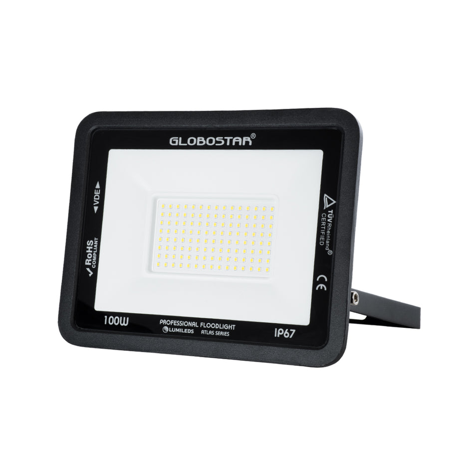GLOBOSTAR® ATLAS 61426 Προβολέας LED 100W 12000lm 120° AC 220-240V Αδιάβροχο IP67 Φυσικό Λευκό 4500K - Lumileds SMD Chip - TÜV Rheinland Certified - Μαύρο Ματ - Μ27 x Π4 x Υ21cm - 5 Χρόνια Εγγύηση