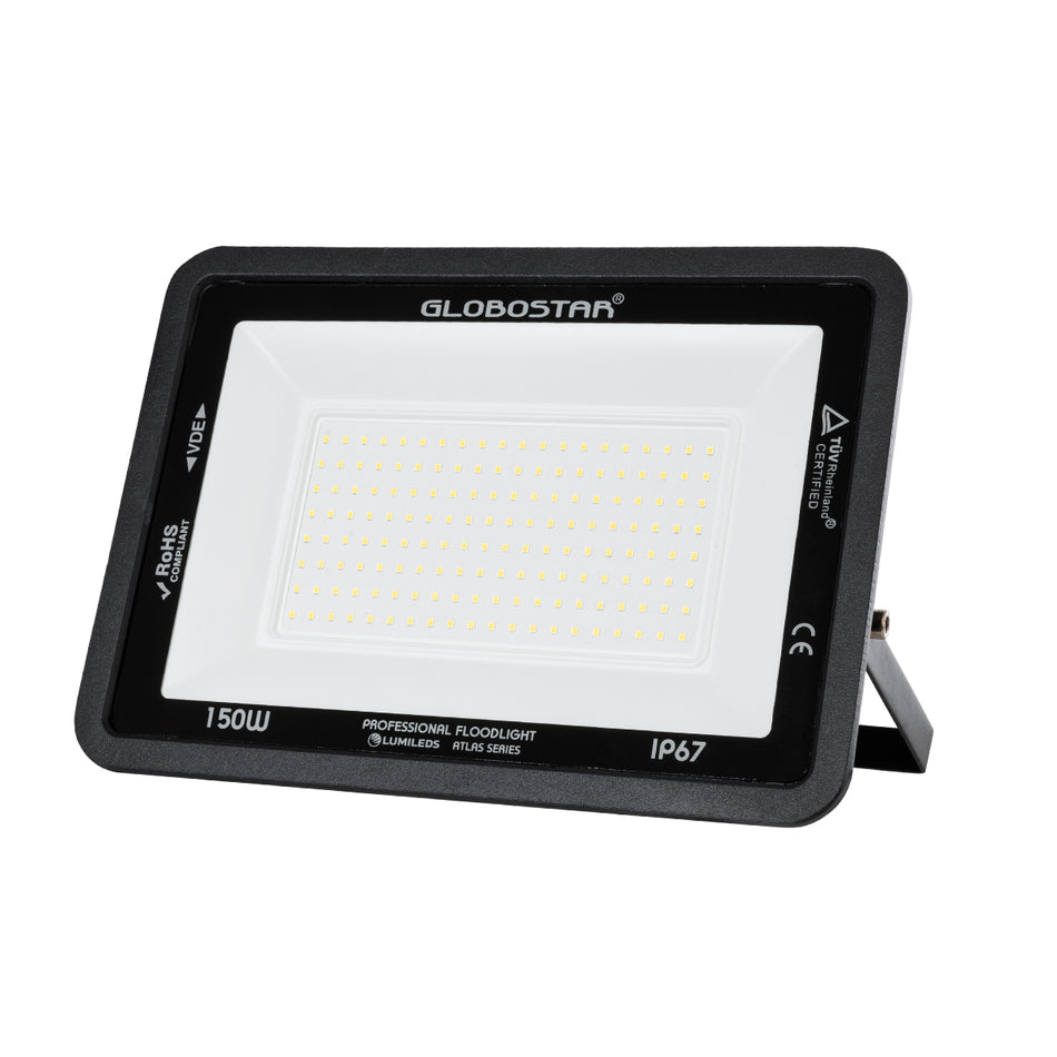GLOBOSTAR® ATLAS 61429 Προβολέας LED 150W 18000lm 120° AC 220-240V Αδιάβροχο IP67 Φυσικό Λευκό Ματ 4500K - Lumileds SMD Chip - TÜV Rheinland Certified - Μαύρο Ματ - Μ32 x Π4 x Υ23cm - 5 Χρόνια Εγγύηση