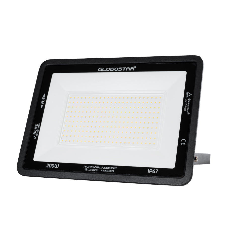 GLOBOSTAR® ATLAS 61433 Προβολέας LED 200W 23000lm 120° AC 220-240V Αδιάβροχο IP67 Θερμό Λευκό 2700K - Lumileds SMD Chip - TÜV Rheinland Certified - Μαύρο Ματ - Μ38 x Π4 x Υ28cm - 5 Χρόνια Εγγύηση