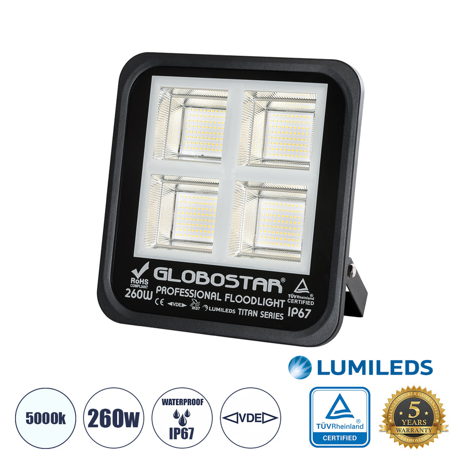GLOBOSTAR® TITAN 61434 Προβολέας για Γήπεδα Tennis & Ποδοσφαίρου 5x5 LED 260W 32500lm 60°x90° AC 220-240V Αδιάβροχο IP67 Φυσικό Λευκό 5000K - Lumileds SMD Chip - TÜV Rheinland Certified - Μαύρο Ματ - Μ30 x Π8 x Υ28cm - 5 Χρόνια Εγγύηση