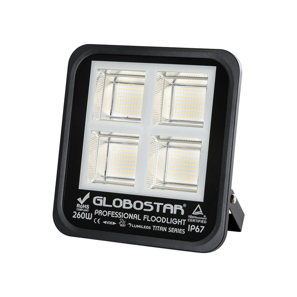 GLOBOSTAR® TITAN 61434 Προβολέας για Γήπεδα Tennis & Ποδοσφαίρου 5x5 LED 260W 32500lm 60°x90° AC 220-240V Αδιάβροχο IP67 Φυσικό Λευκό 5000K - Lumileds SMD Chip - TÜV Rheinland Certified - Μαύρο Ματ - Μ30 x Π8 x Υ28cm - 5 Χρόνια Εγγύηση