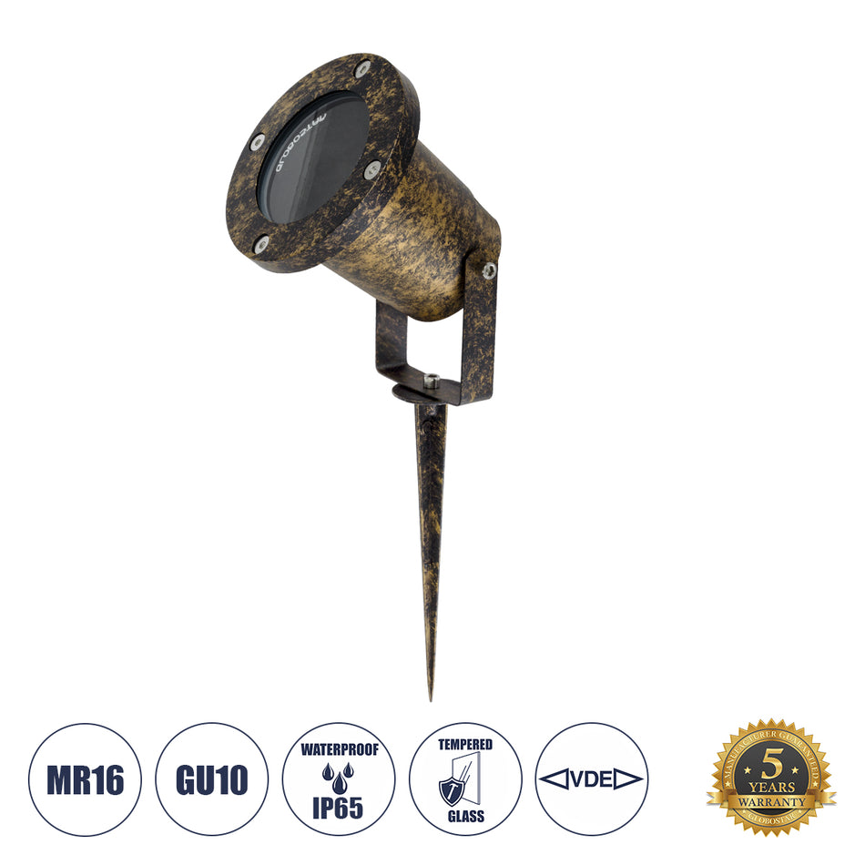 GloboStar® GARDELINI 61485 Καρφωτό Κινούμενο Φωτιστικό Σποτ Κήπου με Ντουί 1 x GU10 VDE Certified AC 220-240V Αδιάβροχο IP65 - Σώμα Αλουμινίου & Υψηλής Αντοχής Tempered Glass & Μ40cm VDE Καλώδιο Σύνδεσης - Φ10 x Υ30cm - Χρυσό Εφέ Σκουριάς - 5 Χρόνια Εγ...