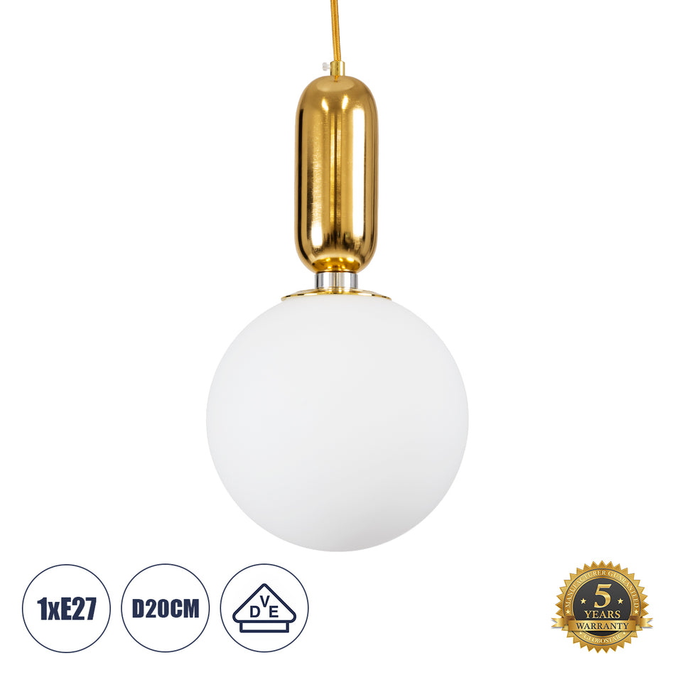 GLOBOSTAR® ESTETICO 61492 Μοντέρνο Κρεμαστό Φωτιστικό Οροφής με Ντουί 1 x E27 AC 220-240V IP20 - Λευκό & Χρυσό Πλατίνα - Μ20 x Π20 x Υ38cm