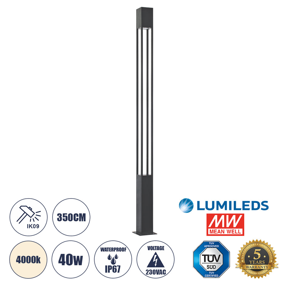 GLOBOSTAR® MONTERREY 61512 Φωτιστικό Urban Πλατείας/Πάρκου LED 40W 5440lm 60° AC 220-240V Αδιάβροχο IP65 Φυσικό Λευκό 5000K - Lumileds SMD Chip & Mean Well TÜV Driver - Γκρι Ανθρακί Ματ - Μ20 x Π20 x Υ350cm - 5 Χρόνια Εγγύηση