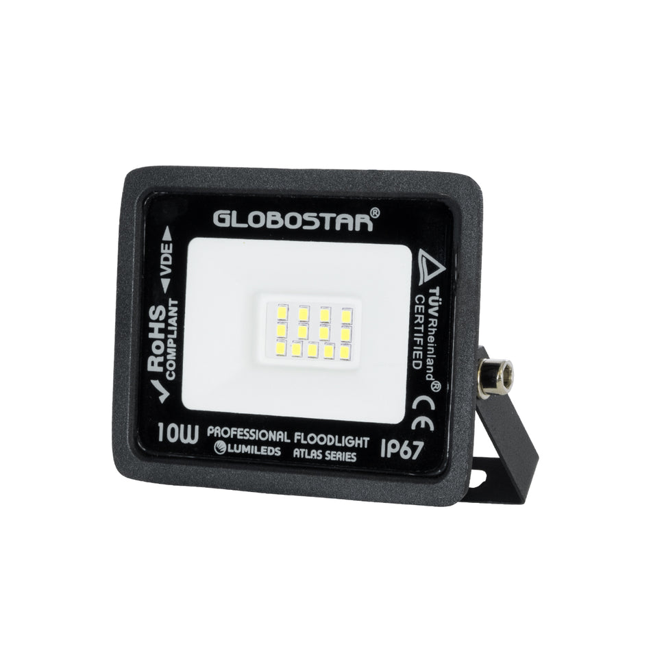 GLOBOSTAR® ATLAS 61515 Προβολέας LED 10W 1250lm 120° AC 220-240V Αδιάβροχο IP67 Ψυχρό Λευκό 6000K - Lumileds SMD Chip - TÜV Rheinland Certified - Μαύρο Ματ - Μ10 x Π2. x Υ8cm - 5 Χρόνια Εγγύηση