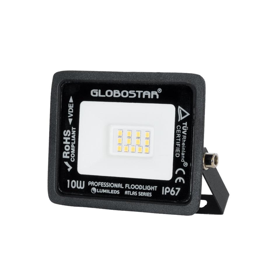 GLOBOSTAR® ATLAS 61517 Προβολέας LED 10W 1150lm 120° AC 220-240V Αδιάβροχο IP67 Θερμό Λευκό 2700K - Lumileds SMD Chip - TÜV Rheinland Certified - Μαύρο Ματ - Μ10 x Π2 x Υ8cm - 5 Χρόνια Εγγύηση