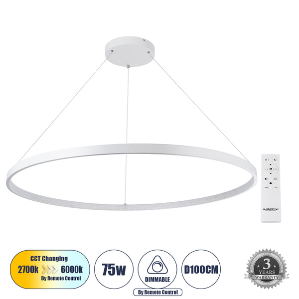 DIAMOND Pendelleuchte Ring-Circle LED CCT 75 W 8400 lm 360° AC 220–240 V – Beleuchtung über All-in-One-Fernbedienung schalten – 3 Jahre Garantie