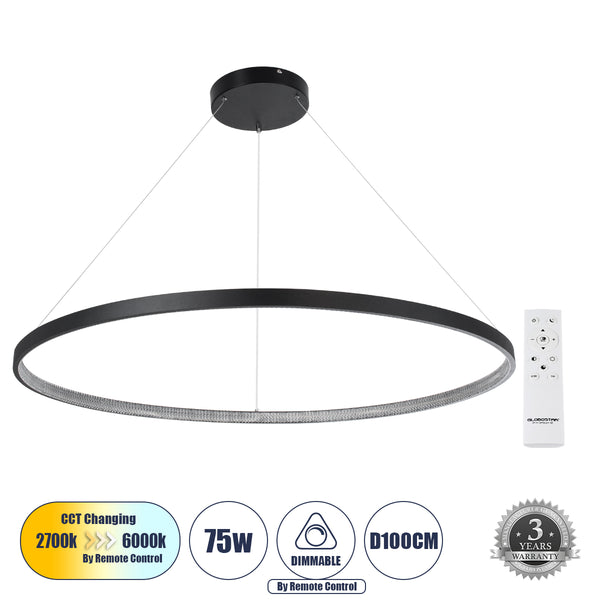 DIAMOND Pendelleuchte Ring-Circle LED CCT 75 W 8400 lm 360° AC 220–240 V – Beleuchtung über All-in-One-Fernbedienung schalten – 3 Jahre Garantie