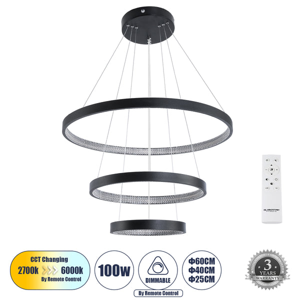 DIAMOND TRIO 61523 Κρεμαστό Φωτιστικό Δαχτυλίδι-Κύκλος LED CCT 100W 11200lm 360° AC 220-240V - Εναλλαγή Φωτισμού μέσω Τηλεχειριστηρίου All In One Ψυχρό 6000k+Φυσικό 4500k+Θερμό 2700k Dimmable Φ25+40+60cm - Μαυρο - 3 Χρόνια Εγγύηση