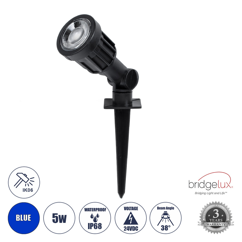 GLOBOSTAR® GARDENINI 61545 Φωτιστικό Σποτ για Φυτά - Δέντρα με Βάση Κήπου / Καρφωτό LED 5W 550lm 38° DC 24V Αδιάβροχο IP68 Μπλε Dimmable - Lumileds SMD Chip - Μαύρο - Μ5.5 x Π5.5 x Υ13.5cm - 3 Χρόνια Εγγύηση