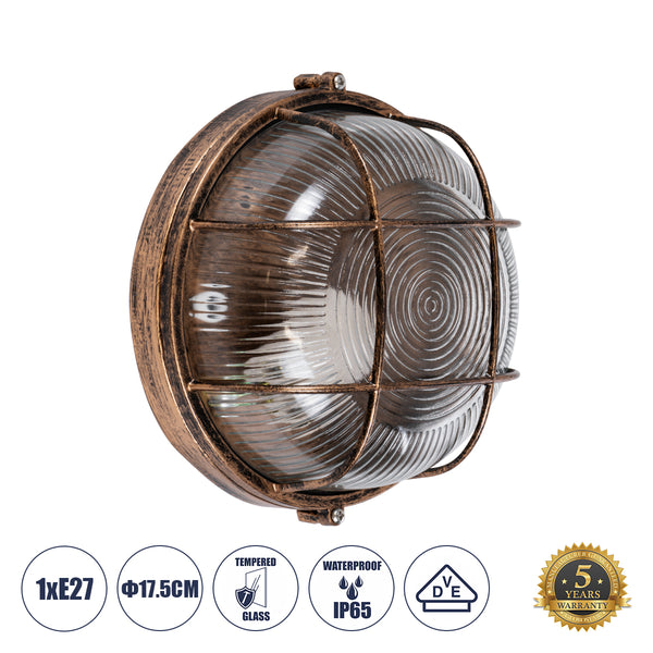 BOATLIGHT 61587 Vintage Industrial Φωτιστικό Τοίχου - Απλίκα - Καραβοχελώνα Εξωτερικού Χώρου Μονόφωτο 1 x E27 AC220-240V Αδιάβροχο IP65 - Σώμα Αλουμινίου & Tempered Glass - Φ17.5 x Υ9cm - Αντικέ Μπρονζέ - Στρόγγυλο - 5 Years Warranty