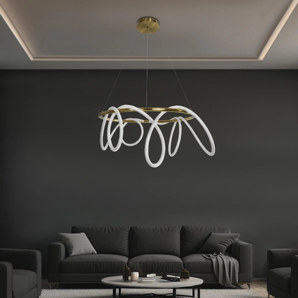 kelvo® GLOW 61660 Μοντέρνο Κρεμαστό Φωτιστικό Οροφής LED 69W 6900lm 360° AC 220-240V IP20 Ρυθμιζόμενο Λευκό CCT με Χειριστήριο από 2700K έως 6000K Dimmable - Lumileds SMD Chip - Χρυσό Πλατίνα & Λευκό Νήμα - Μ100 x Π100 x Υ40cm - 3 Χρόνια Εγγύηση