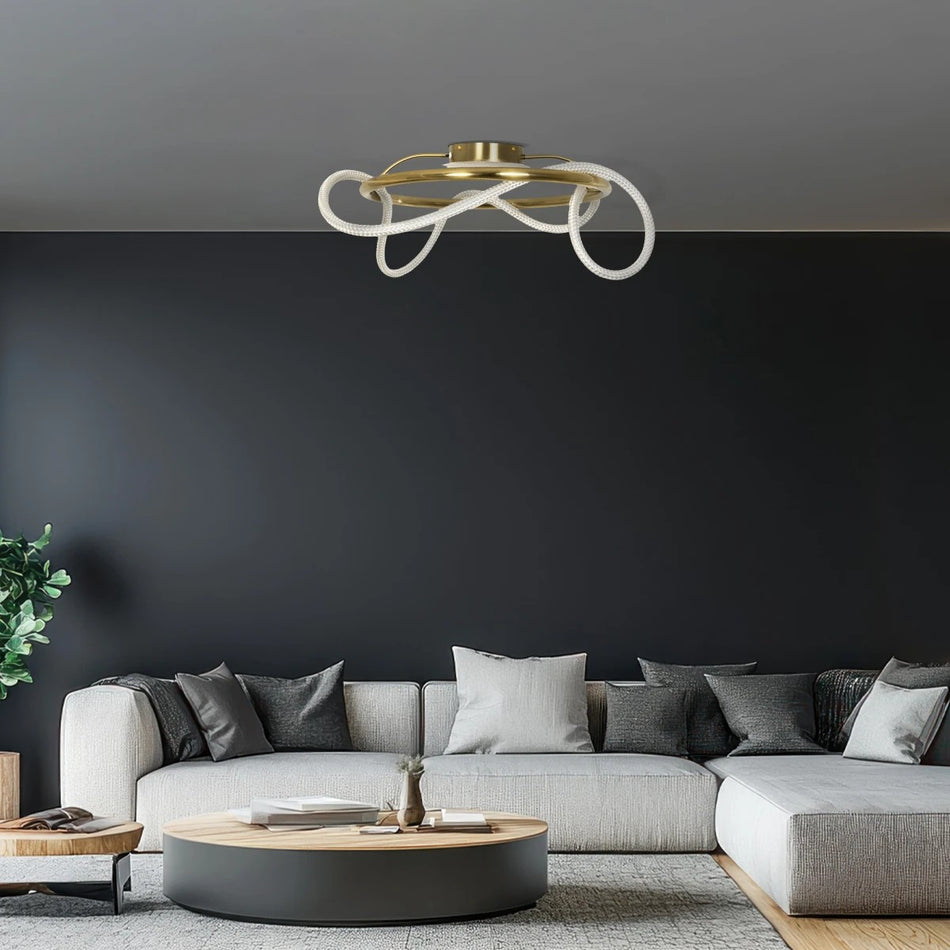 kelvo® GLOW 61673 Μοντέρνο Φωτιστικό Οροφής LED 34W 3400lm 360° AC 220-240V IP20 Ρυθμιζόμενο Λευκό CCT με Χειριστήριο από 2700K έως 6000K Dimmable - Lumileds SMD Chip - Χρυσό Πλατίνα & Λευκό Νήμα - Μ60 x Π60 x Υ30cm - 3 Χρόνια Εγγύηση