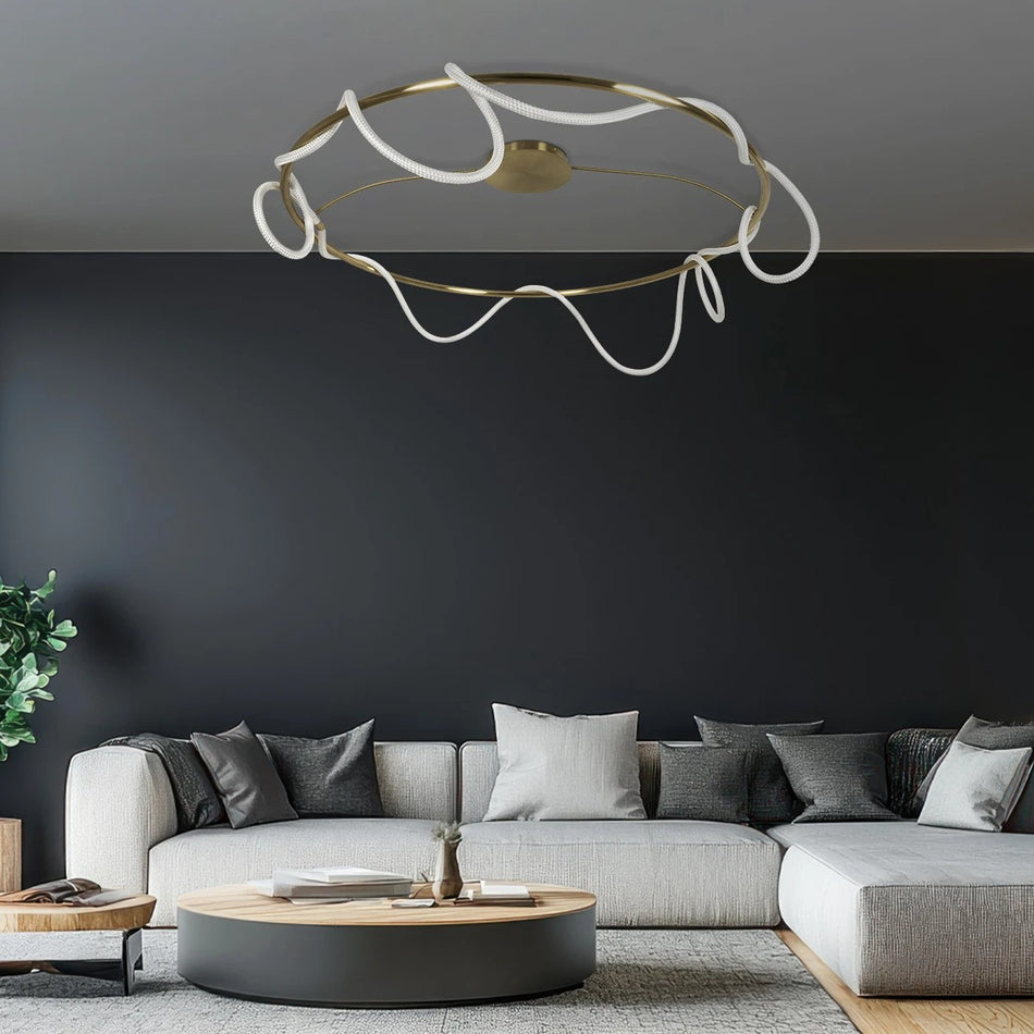 kelvo® GLOW 61675 Μοντέρνο Φωτιστικό Οροφής LED 89W 8900lm 360° AC 220-240V IP20 Ρυθμιζόμενο Λευκό CCT με Χειριστήριο από 2700K έως 6000K Dimmable - Lumileds SMD Chip - Χρυσό Πλατίνα & Λευκό Νήμα - Μ150 x Π150 x Υ30cm - 3 Χρόνια Εγγύηση