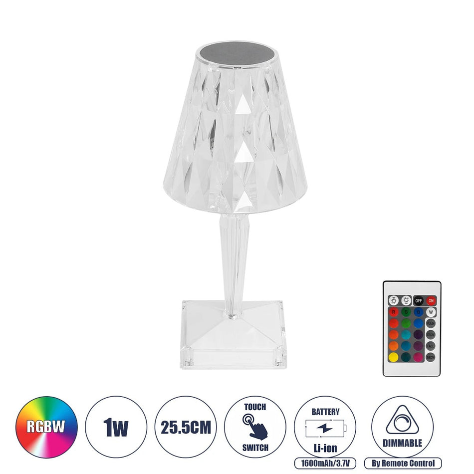 CRYSTAL 62042 Lampe à poser LED moderne 1W 100lm 360° DC 5V USB-C avec batterie rechargeable Li-ion 3.7V 1600mAh IP44 Multicolore RGBW avec télécommande Dimmable - Puce Sanan SMD - Transparent - L11.5 x l11.5 x H25.5cm - Garantie 3 ans