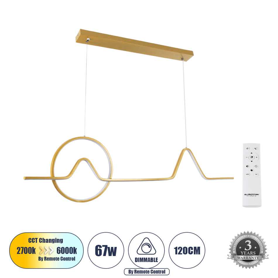 GLOBOSTAR® WINDY 61293 Μοντέρνο Κρεμαστό Φωτιστικό Οροφής LED 67W 7504lm 300° AC 220-240V IP20 Ρυθμιζόμενο Λευκό CCT με Χειριστήριο από 2700K έως 6000K Dimmable - Lumileds SMD Chip - Χρυσό Βούρτσας - Μ120 x Π4 x Υ30cm - 3 Χρόνια Εγγύηση