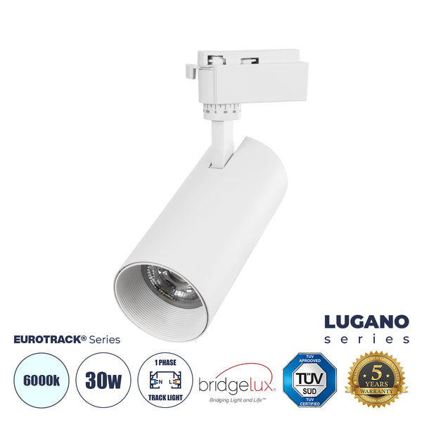 LUGANO 60812 Μονοφασικό Φωτιστικό Σποτ Ράγας LED 30W 3900lm 36° Acrylic HQ LENS AC 220-240V IP20 Φ7.5 x Υ22.7cm Ψυχρό Λευκό 6000K - EUROTRACK® System 1L+1N - Λευκό - Bridgelux Chip - TÜV Certified Driver - 5 Χρόνια Εγγύηση