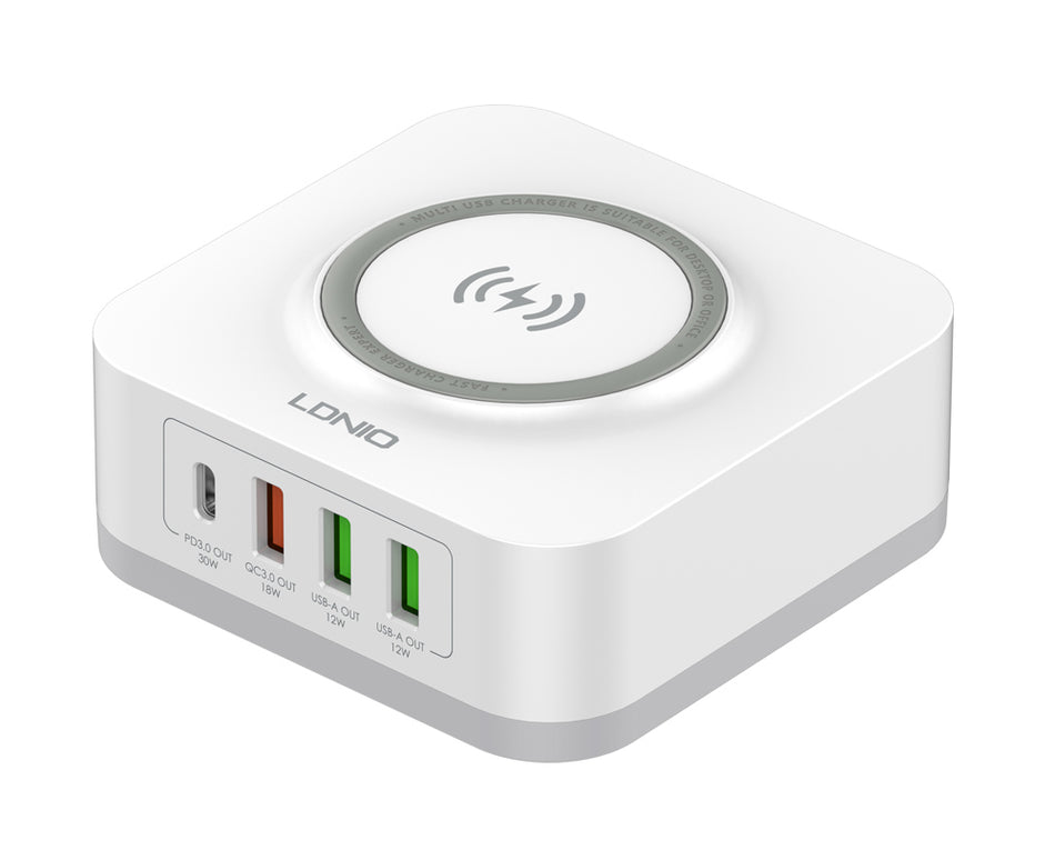 LDNIO σταθμός φόρτισης AW004, USB-C/3x USB/wireless, 32W, PD/QC, λευκός