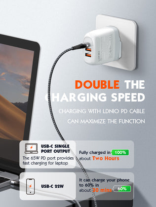 LDNIO φορτιστής τοίχου A3511Q με καλώδιο, USB-C/2x USB, 65W, GaN, λευκός