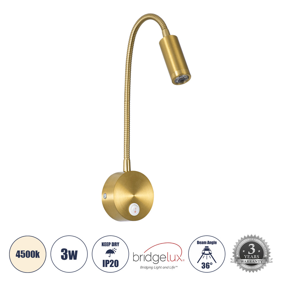 GLOBOSTAR® GOOSE 60880 Μοντέρνο Φωτιστικό Τοίχου - Απλίκα Ξενοδοχείου Reading Light LED 3W 300lm 36° AC 220-240V IP20 Φυσικό Λευκό 4500K - CREE XPE Chip & TÜV SÜD Driver - Χρυσό Πλατίνα - Μ6.5 x Π15 x Υ24.5cm - 3 Χρόνια Εγγύηση