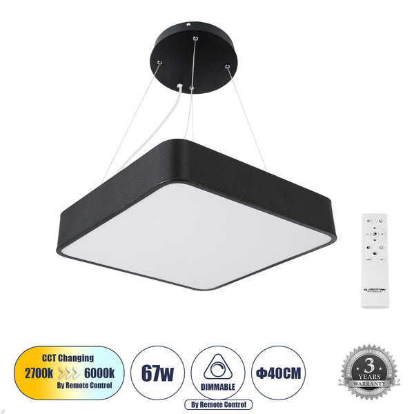 KAMALA 61206-P Κρεμαστή Πλαφονιέρα Οροφής LED CCT 67W 7370lm 120° AC 220-240V - Εναλλαγή Φωτισμού μέσω Τηλεχειριστηρίου All In One Ψυχρό 6000k+Φυσικό 4500k+Θερμό 2700k Dimmable Μ40 x Π40 x Υ8cm- Μαύρο - 3 Years Warranty