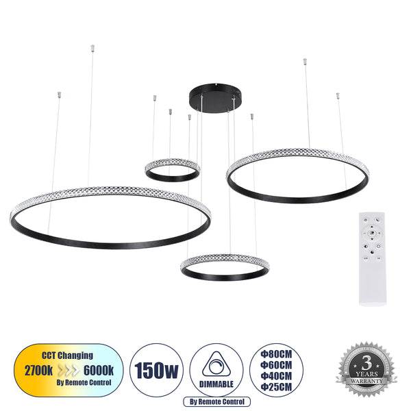 DIAMOND TETRA 61148 Κρεμαστό Φωτιστικό Δαχτυλίδι-Κύκλος LED CCT 150W 18379lm 360° AC 220-240V - Εναλλαγή Φωτισμού μέσω Τηλεχειριστηρίου All In One Dimmable - 3 Years Warranty