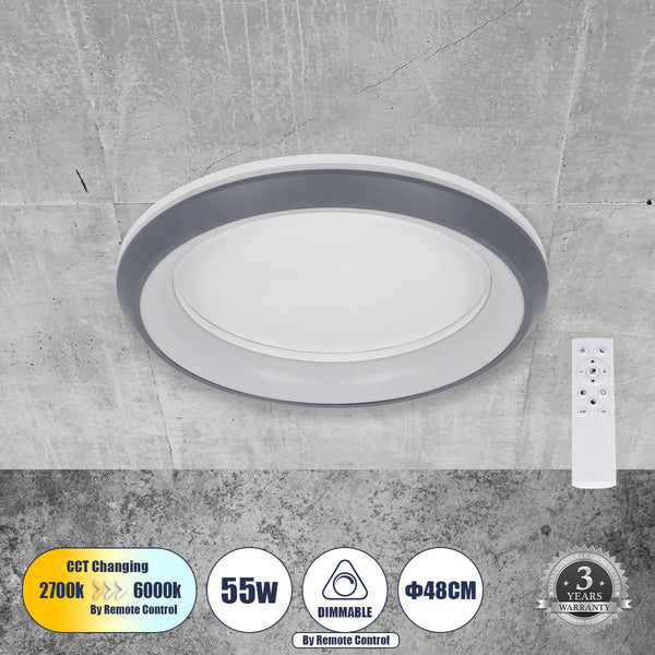 MELINA 61042 Deckenleuchte Circle LED CCT 55 W 6376 lm 120 ° AC 220–240 V – Beleuchtung per Fernbedienung schalten, alles in einem Kaltweiß 6000 K + Naturweiß 4500 K + Warmweiß 2700 K, dimmbar Φ48 cm – Anthrazit – 3 Jahre Garantie