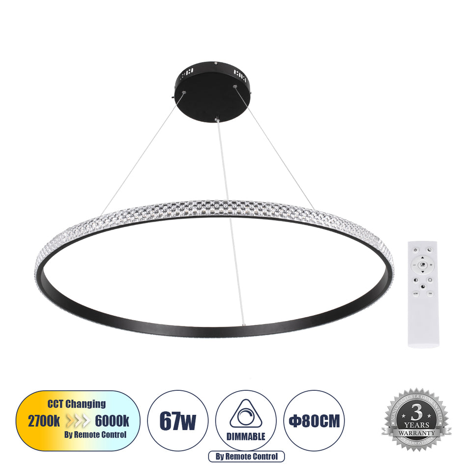 GLOBOSTAR® DIAMOND 61132 Μοντέρνο Κρεμαστό Φωτιστικό Οροφής LED 67W 7689lm 360° AC 220-240V IP20 Ρυθμιζόμενο Λευκό CCT με Χειριστήριο από 2700K έως 6000K Dimmable - Lumileds SMD Chip - Μαύρο Ματ - Μ80 x Π80 x Υ3cm - 3 Χρόνια Εγγύηση