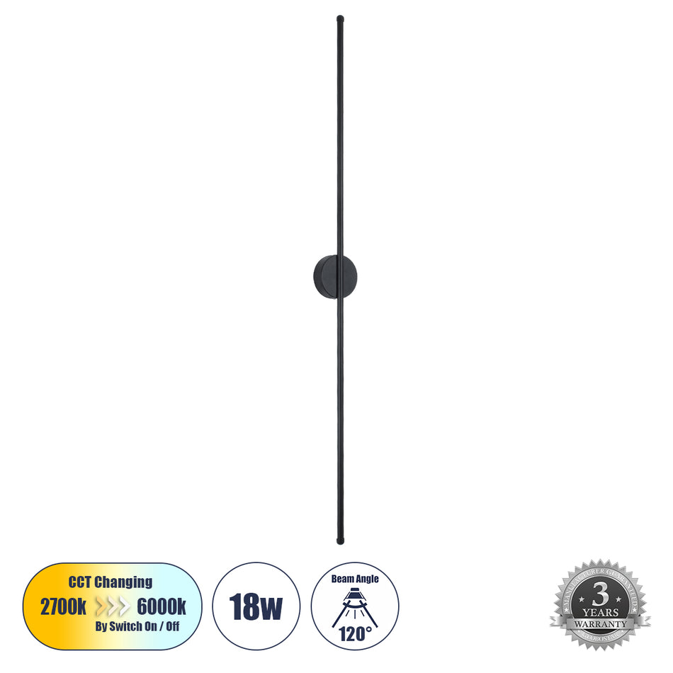 DIADEM 61333 Μοντέρνο Φωτιστικό Τοίχου - Απλίκα LED 18W 2160lm 120° AC 220-240V IP20 Ρυθμιζόμενο Λευκό CCT με On/Off 2700K/4500K/6000K - Lumileds SMD Chip - Μαύρο Ματ - Μ10 x Π4 x Υ120cm - 3 Χρόνια Εγγύηση