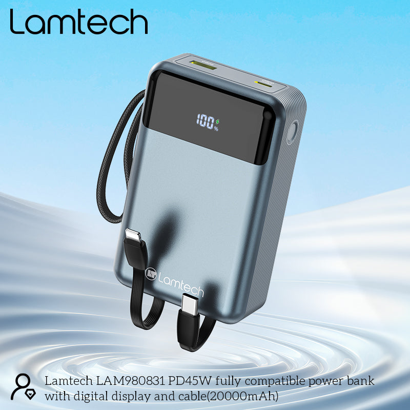 LAMTECH PD45W POWERBANK 20000MAH AVEC CÂBLES INTÉGRÉS TYPE-C ET LIGHTNING QC3.0