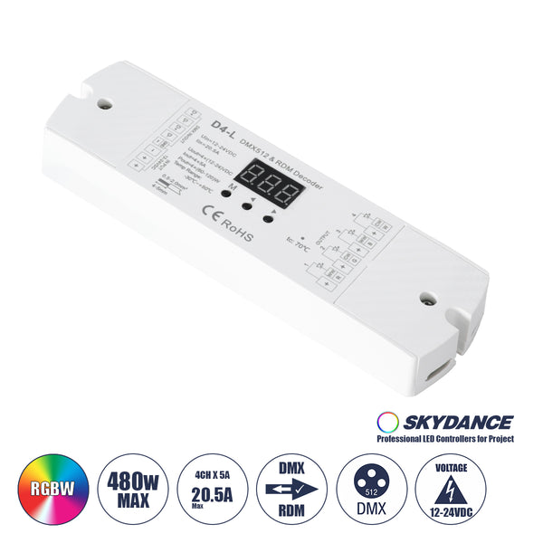 70668 D4-L SKYDANCE DC DMX & RDM Dimmer High Speed Controller / Decoder 4 Καναλιών DC 12-24V 4 x 5A 120W - Max 20.5A 480W - IP20 Μ17 x Π5 x Υ2.5cm - 5 Years Warranty