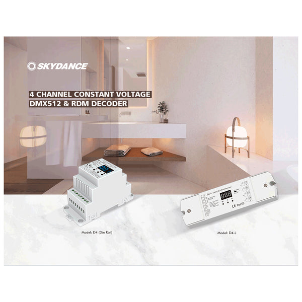 70668 D4-L SKYDANCE DC DMX & RDM Dimmer High Speed Controller / Decoder 4 Καναλιών DC 12-24V 4 x 5A 120W - Max 20.5A 480W - IP20 Μ17 x Π5 x Υ2.5cm - 5 Years Warranty