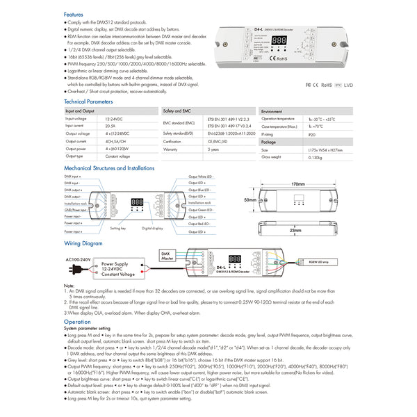 70668 D4-L SKYDANCE DC DMX & RDM Dimmer High Speed Controller / Decoder 4 Καναλιών DC 12-24V 4 x 5A 120W - Max 20.5A 480W - IP20 Μ17 x Π5 x Υ2.5cm - 5 Years Warranty