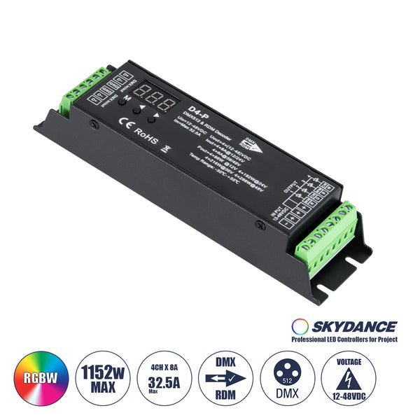 70669 D4-P SKYDANCE DC DMX & RDM Dimmer High Speed Controller / Decoder 4 Καναλιών DC 12-48V 4 x 8A 384W - Max 32.5A 1152W - IP20 Μ17.5 x Π4.5 x Υ2.8cm - 5 Years Warranty