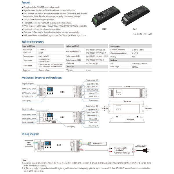 70669 D4-P SKYDANCE DC DMX & RDM Dimmer High Speed Controller / Decoder 4 Καναλιών DC 12-48V 4 x 8A 384W - Max 32.5A 1152W - IP20 Μ17.5 x Π4.5 x Υ2.8cm - 5 Years Warranty