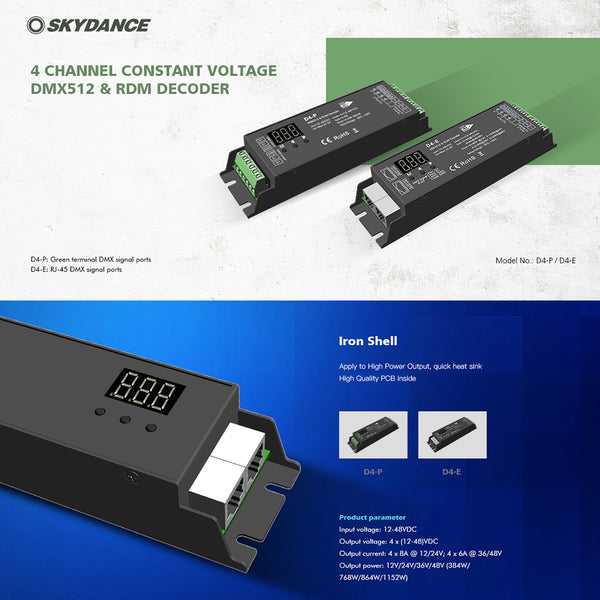 70669 D4-P SKYDANCE DC DMX & RDM Dimmer High Speed Controller / Decoder 4 Καναλιών DC 12-48V 4 x 8A 384W - Max 32.5A 1152W - IP20 Μ17.5 x Π4.5 x Υ2.8cm - 5 Years Warranty