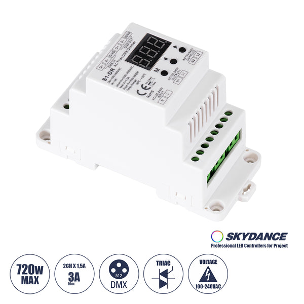 70670 S1-DR SKYDANCE AC Triac DMX Dimmer Din Rail Ράγας 2 Καναλιών AC 100-240V 2 x 1.5A 360W - Max 3A 720W - IP20 DMX512 Μ11.5 x Π5 x Υ6.5cm - 5 Years Warranty