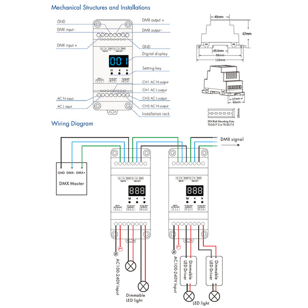 70670 S1-DR SKYDANCE AC Triac DMX Dimmer Din Rail Ράγας 2 Καναλιών AC 100-240V 2 x 1.5A 360W - Max 3A 720W - IP20 DMX512 Μ11.5 x Π5 x Υ6.5cm - 5 Years Warranty