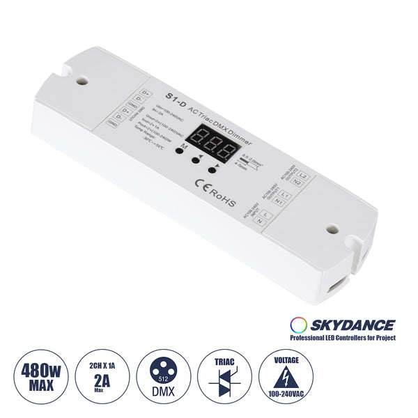 70671 S1-D SKYDANCE AC Triac DMX Dimmer 2 Καναλιών AC 100-240V 2 x 1A 240W - Max 2A 480W - IP20 Μ16.7 x Π5 x Υ2.4cm - 5 Years Warranty