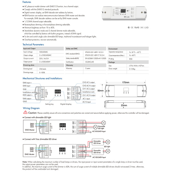 70671 S1-D SKYDANCE AC Triac DMX Dimmer 2 Καναλιών AC 100-240V 2 x 1A 240W - Max 2A 480W - IP20 Μ16.7 x Π5 x Υ2.4cm - 5 Years Warranty