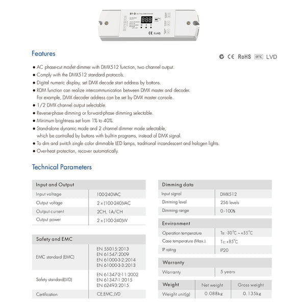 70671 S1-D SKYDANCE AC Triac DMX Dimmer 2 Καναλιών AC 100-240V 2 x 1A 240W - Max 2A 480W - IP20 Μ16.7 x Π5 x Υ2.4cm - 5 Years Warranty