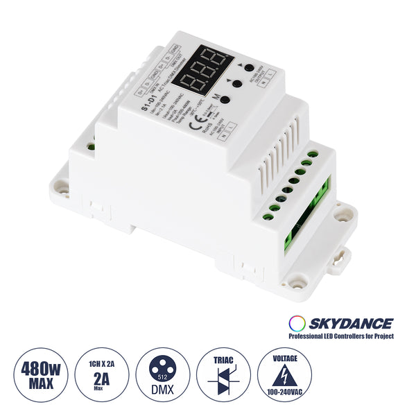 70672 S1-D1 SKYDANCE AC Triac DMX Dimmer Din Rail Ράγας 1 Καναλιού AC 100-240V 1 x 2A 480W - Max 2A 480W - IP20 DMX512 Μ11.5 x Π5 x Υ6.5cm - 5 Years Warranty