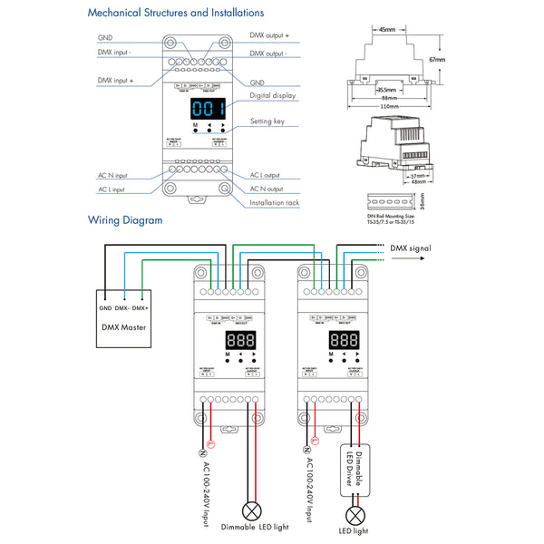 70672 S1-D1 SKYDANCE AC Triac DMX Dimmer Din Rail Ράγας 1 Καναλιού AC 100-240V 1 x 2A 480W - Max 2A 480W - IP20 DMX512 Μ11.5 x Π5 x Υ6.5cm - 5 Years Warranty