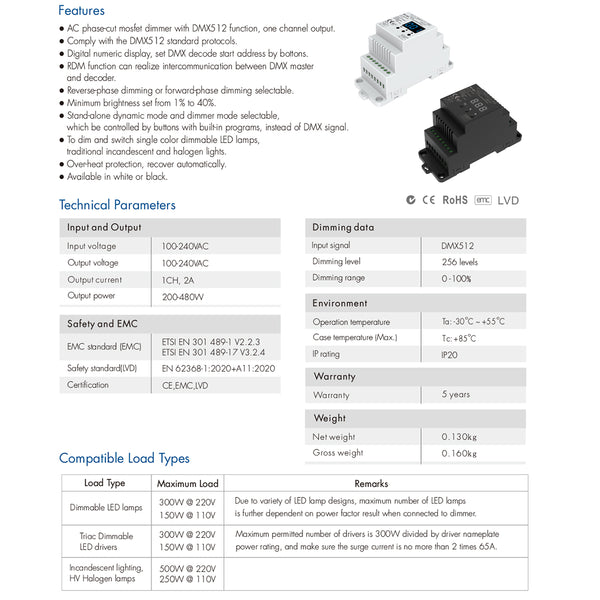 70672 S1-D1 SKYDANCE AC Triac DMX Dimmer Din Rail Ράγας 1 Καναλιού AC 100-240V 1 x 2A 480W - Max 2A 480W - IP20 DMX512 Μ11.5 x Π5 x Υ6.5cm - 5 Years Warranty